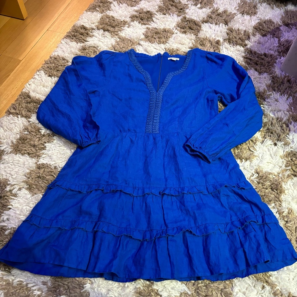 Roberta Roller Rabbit Naema Long Sleeve Tiered Linen Dress in Blue Size Large